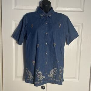 Vintage Y2K‎ Deranged Shirt Women Large Blue Denim Embroidered Floral Button Up